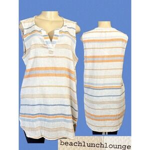 Beachlunchlounge L Jenna Linen Blend Striped Sleeveless Tunic Top Cafe Au Lait